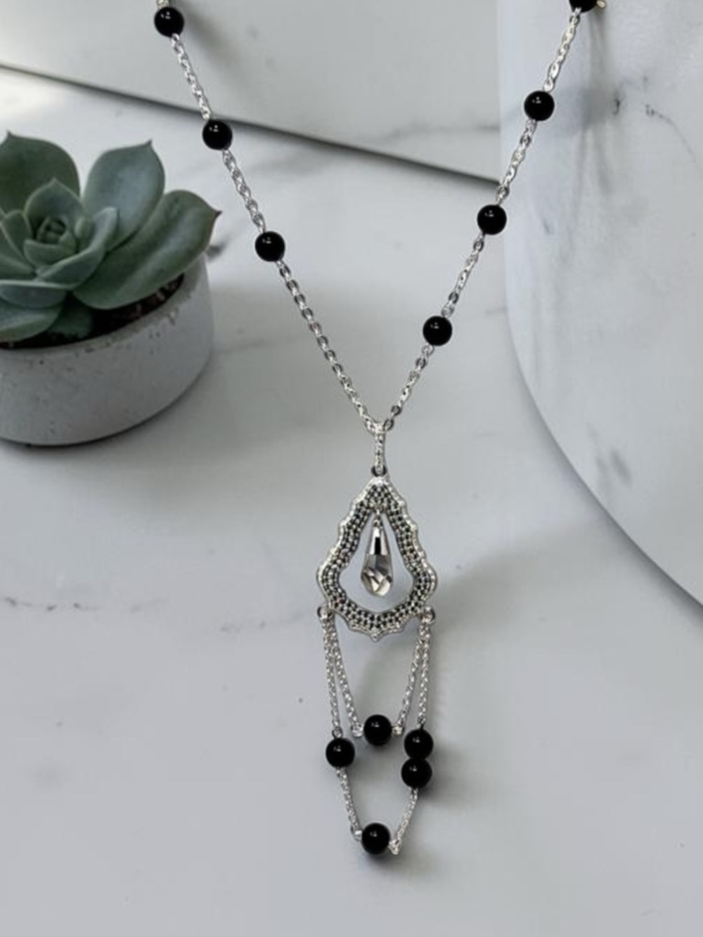 Swarovski Crystal Pave & Black Pearls Chandelier Necklace
